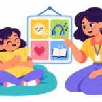 Illustration for break time choices: a smiling girl sitting on a cushion in a cozy calm corner, hugging a soft pillow while a teacher points to a colorful choice chart on the wall