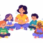 Illustration for breathing exercises for kids: a class of children sitting cross-legged with hands on their bellies taking a slow breath while the teacher models