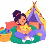 Calm corner setup with soft cushions, a small tent, and sensory tools in a bright classroom