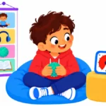 Illustration for a calm down corner routine: a boy sitting on a cushion with a visual timer and a fidget ball in a cozy corner