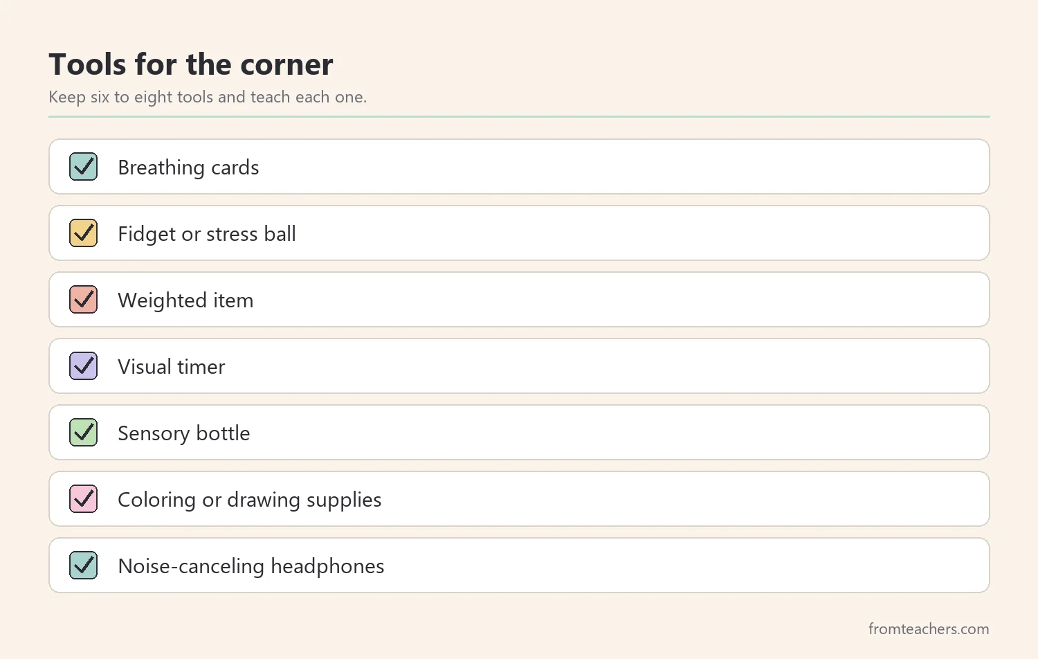 Checklist of calming tools that can be kept in a calm down corner