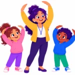 Illustration for calming breathing techniques: children lifting their arms in a rainbow arc while a teacher leads