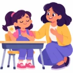Illustration for calming tools for anxiety: a girl holding a small card and breathing slowly at her desk while a teacher kneels beside her