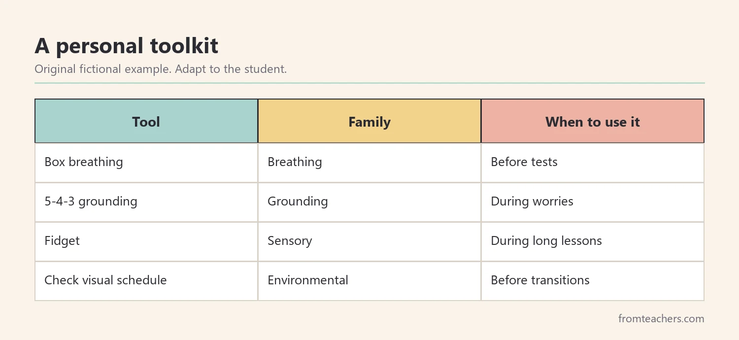 Table of a fictional student's personal toolkit with the situation each tool is used in