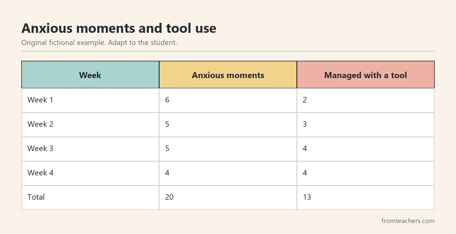 Table of a fictional student's anxious moments and tool use over four weeks