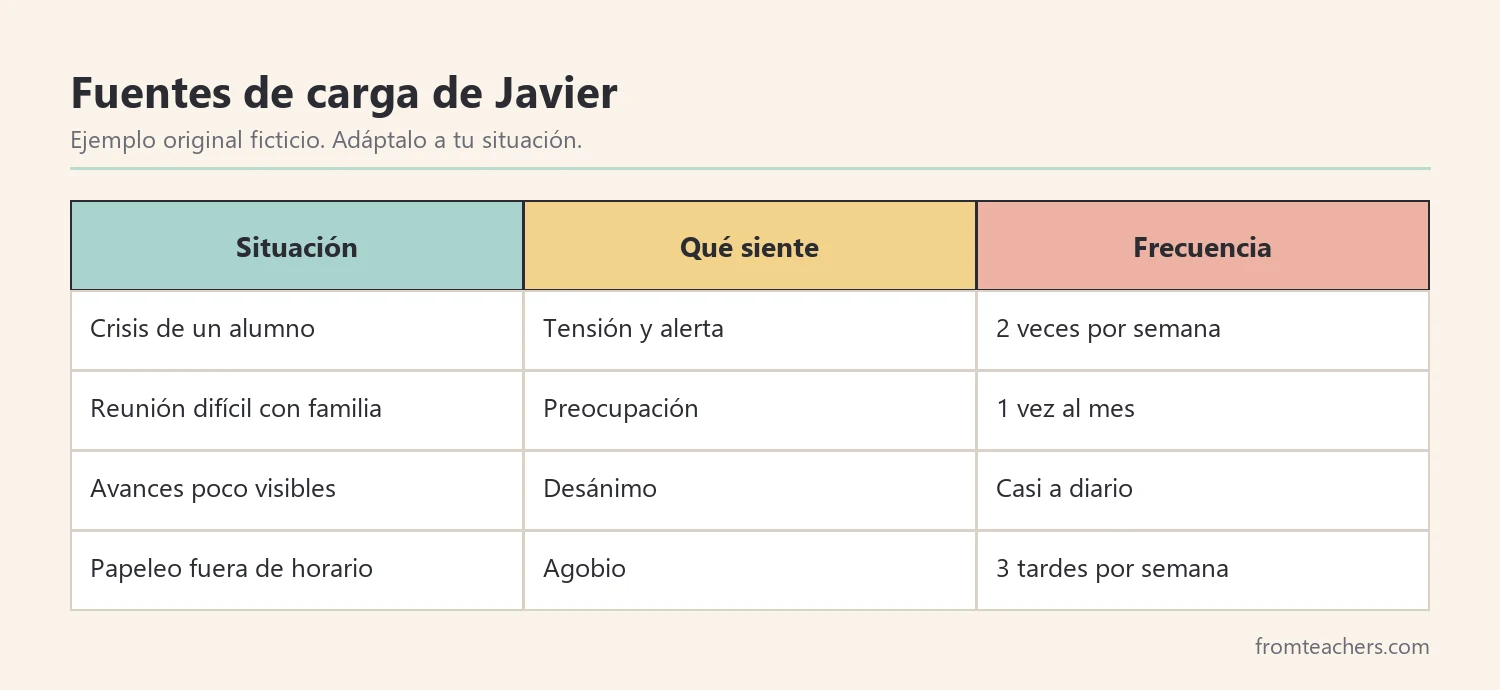 Tabla ficticia de situaciones que generan carga emocional en un docente y su frecuencia