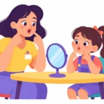 Illustration for childhood apraxia of speech: a speech therapist sitting across a small table from a young girl, both practicing lip shapes in front of a mirror