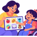Illustration for choice boards for nonverbal students: a teacher holding a picture choice board while a smiling nonverbal girl points to a snack symbol
