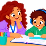 Classroom accommodations for dyslexia: a teacher sitting beside a boy wearing headphones as he follows an audiobook with a colored reading strip