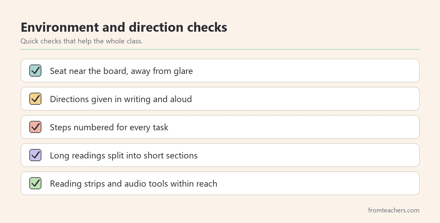 Checklist of environment and direction changes that support students with dyslexia
