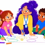 Illustration for classroom agreements: a teacher and students signing a large class chart together on the carpet