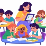 Illustration for classroom behavior checklist: a teacher with a tablet quietly ticking boxes on a checklist while students work in small groups around the room