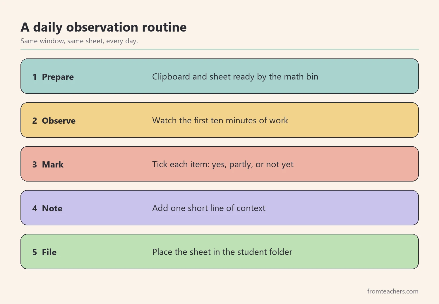 Steps of a daily observation routine: prepare, observe, mark, note, file