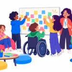 Illustration of middle school students with diverse needs adding notes to a class community wall