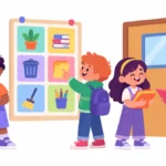 Illustration for classroom jobs chart: students checking a colorful jobs chart by the door while one waters plants and another hands out folders