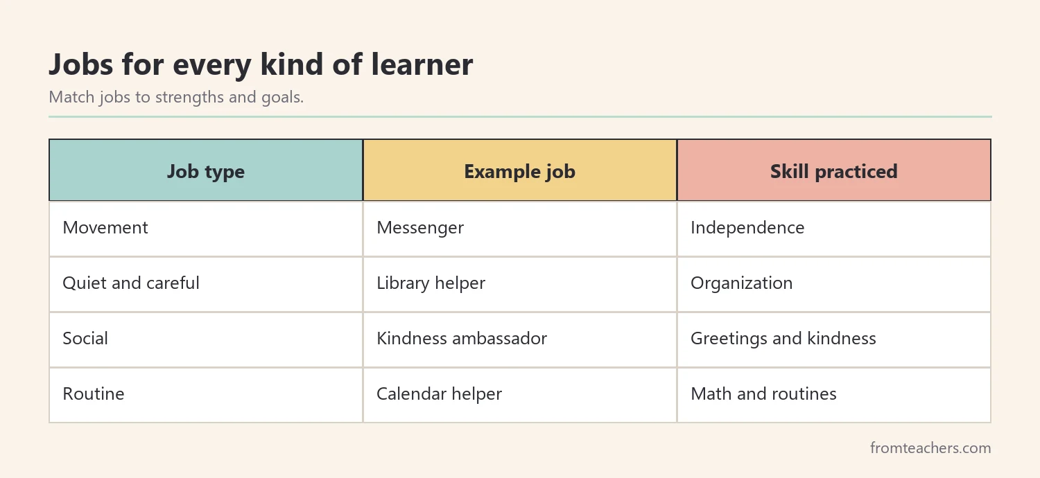Matrix of classroom jobs grouped by type with an example job and the skill each builds