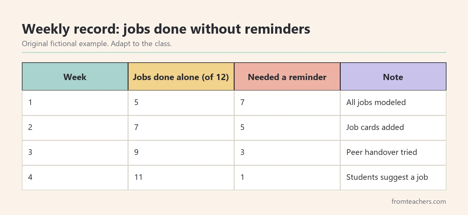 Table of four weeks of fictional data showing jobs completed without reminders out of twelve