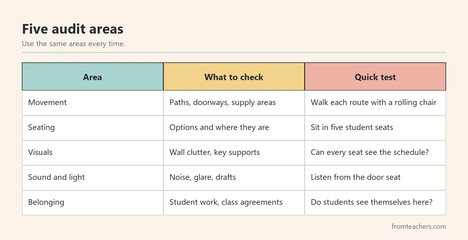Matrix of five classroom audit areas with what to check and a quick test for each