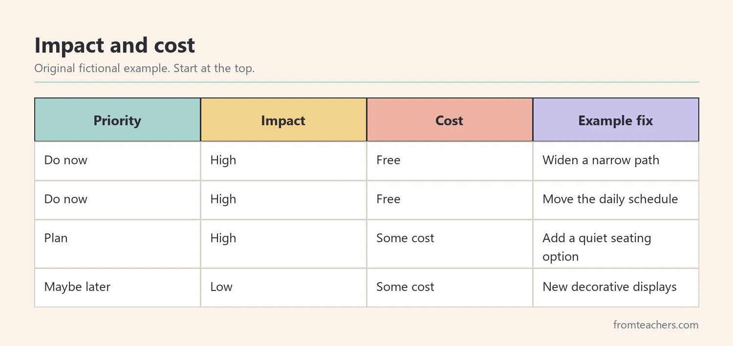 Matrix sorting classroom fixes by impact and cost into do now, plan, and maybe later