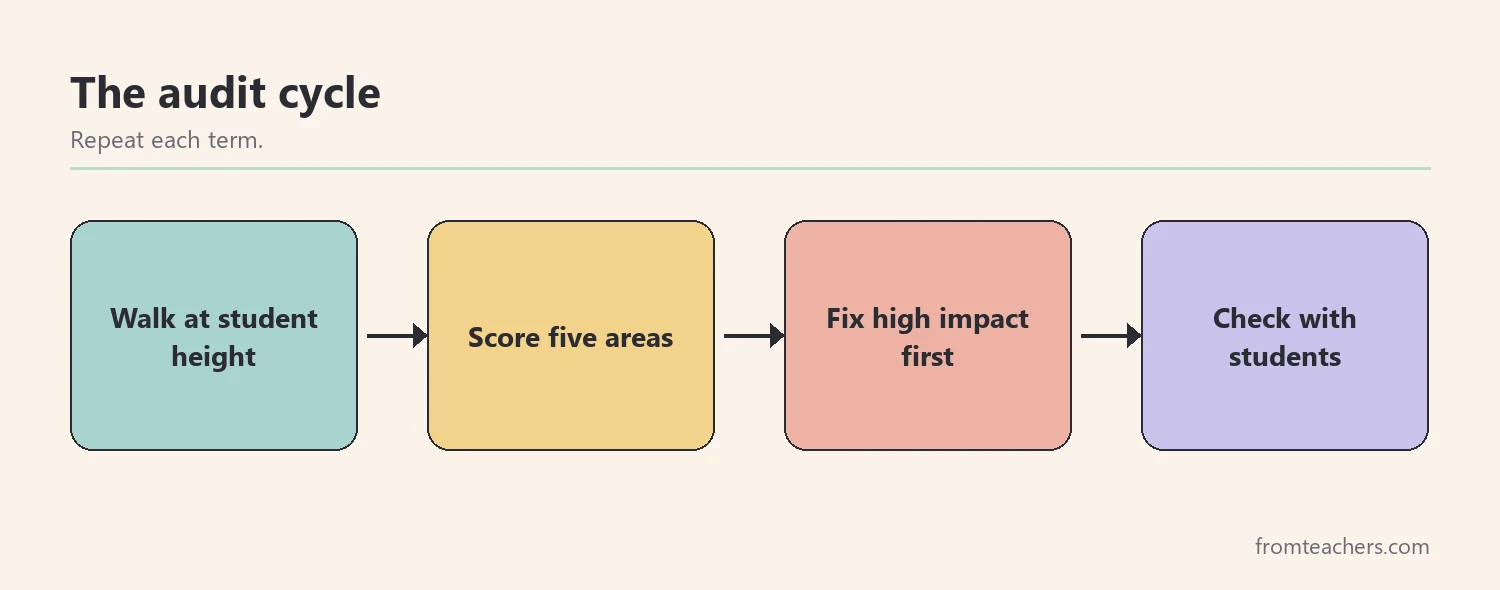 Flow of a repeating classroom layout audit cycle from walk to score, fix, and check