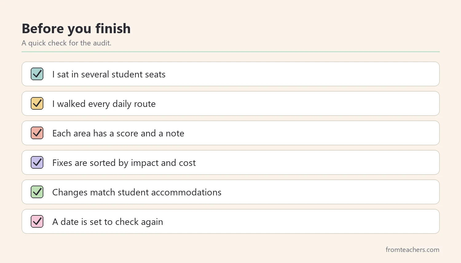 Checklist of quick checks to finish a classroom layout audit