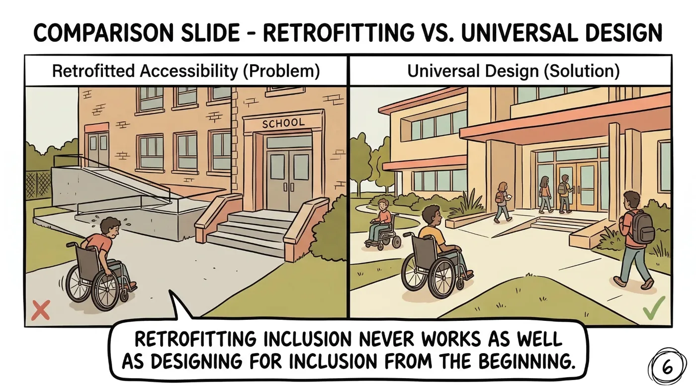 Comic page comparing a retrofitted classroom with one designed for inclusion from the beginning