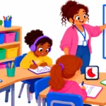 Illustration of a special education teacher pointing to a visual schedule while students work at small tables