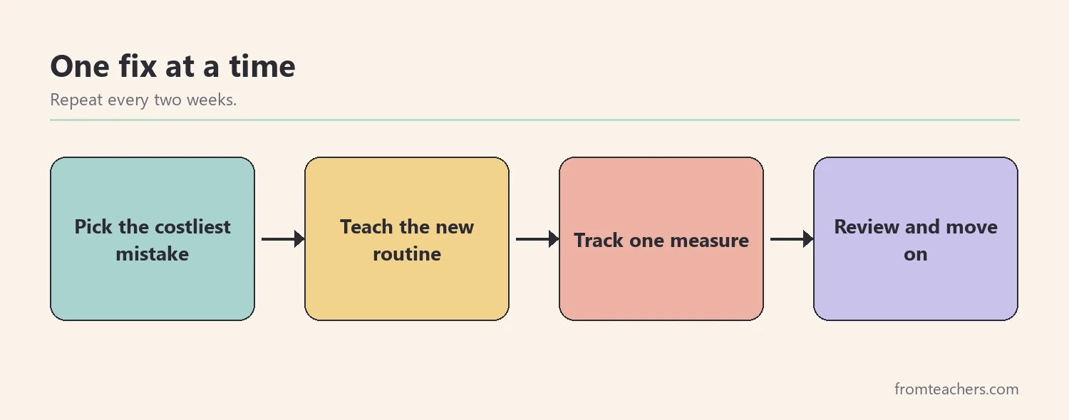 Flow of four boxes showing how to fix one classroom management mistake at a time