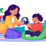 Illustration for classroom sensory strategies: a calm teacher handing noise-reducing headphones to a boy in a cozy quiet corner of the classroom