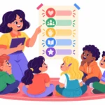 classroom visual supports as a teacher points to a rules poster while students sit on a rug