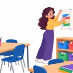 Illustration of a high school teacher rearranging a calm, organized wall display in an English classroom