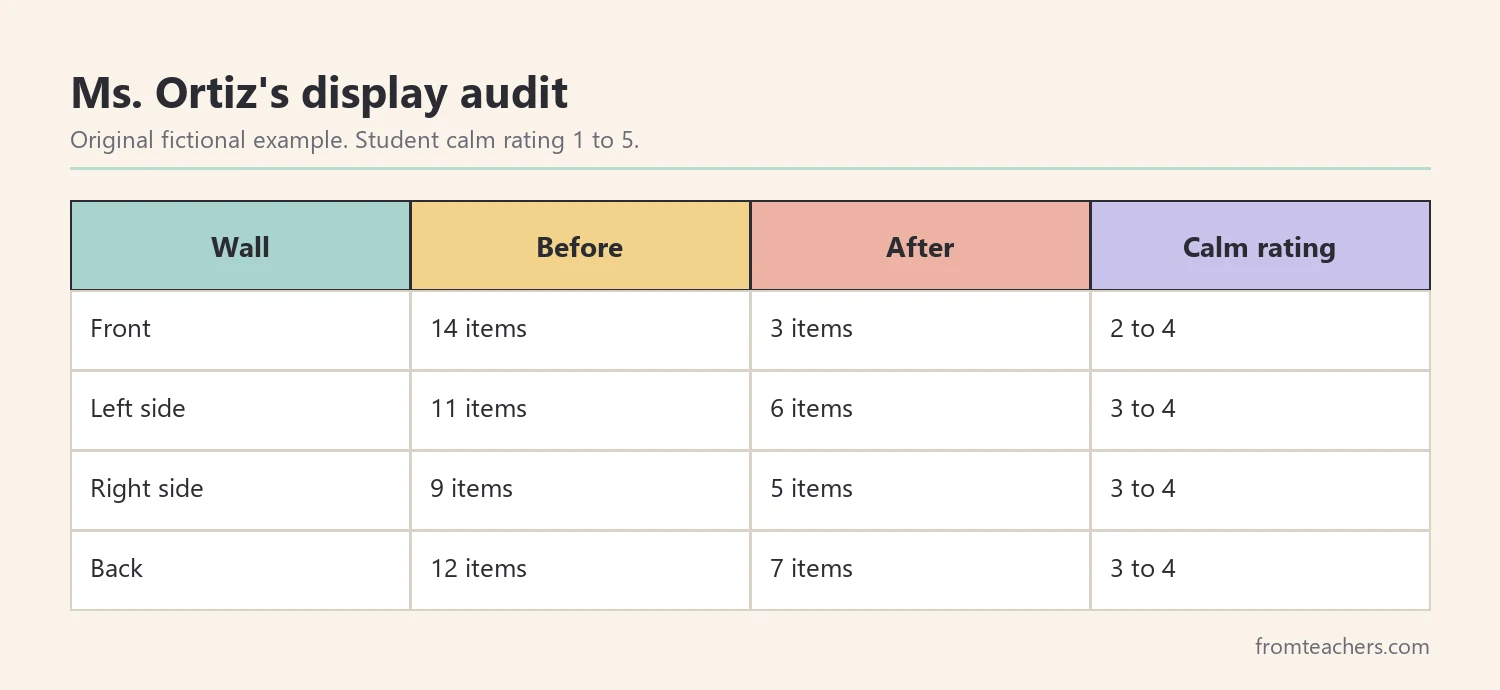 Data table of a fictional classroom display count before and after a makeover with student calm ratings