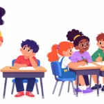 Illustration of a teacher noticing classroom warning signs and taking notes while a student sits apart from a group
