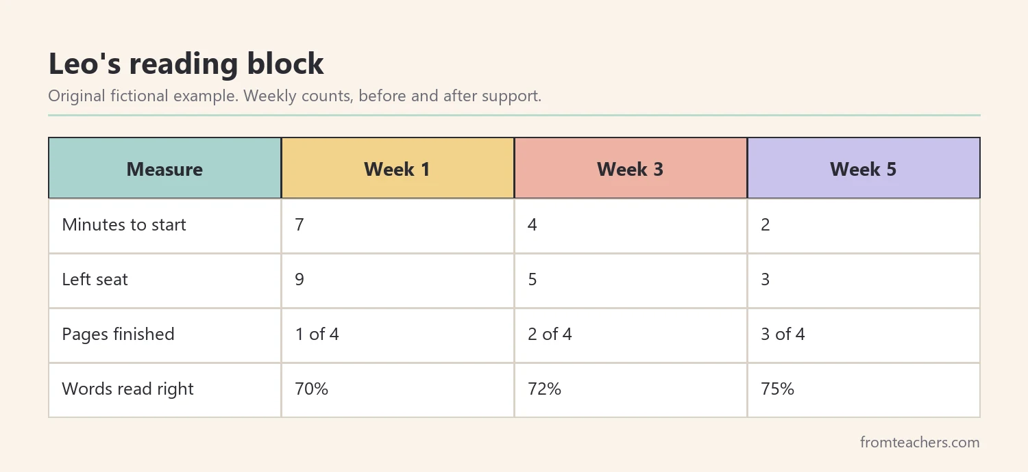 Data table of a fictional third grader's reading block over five weeks