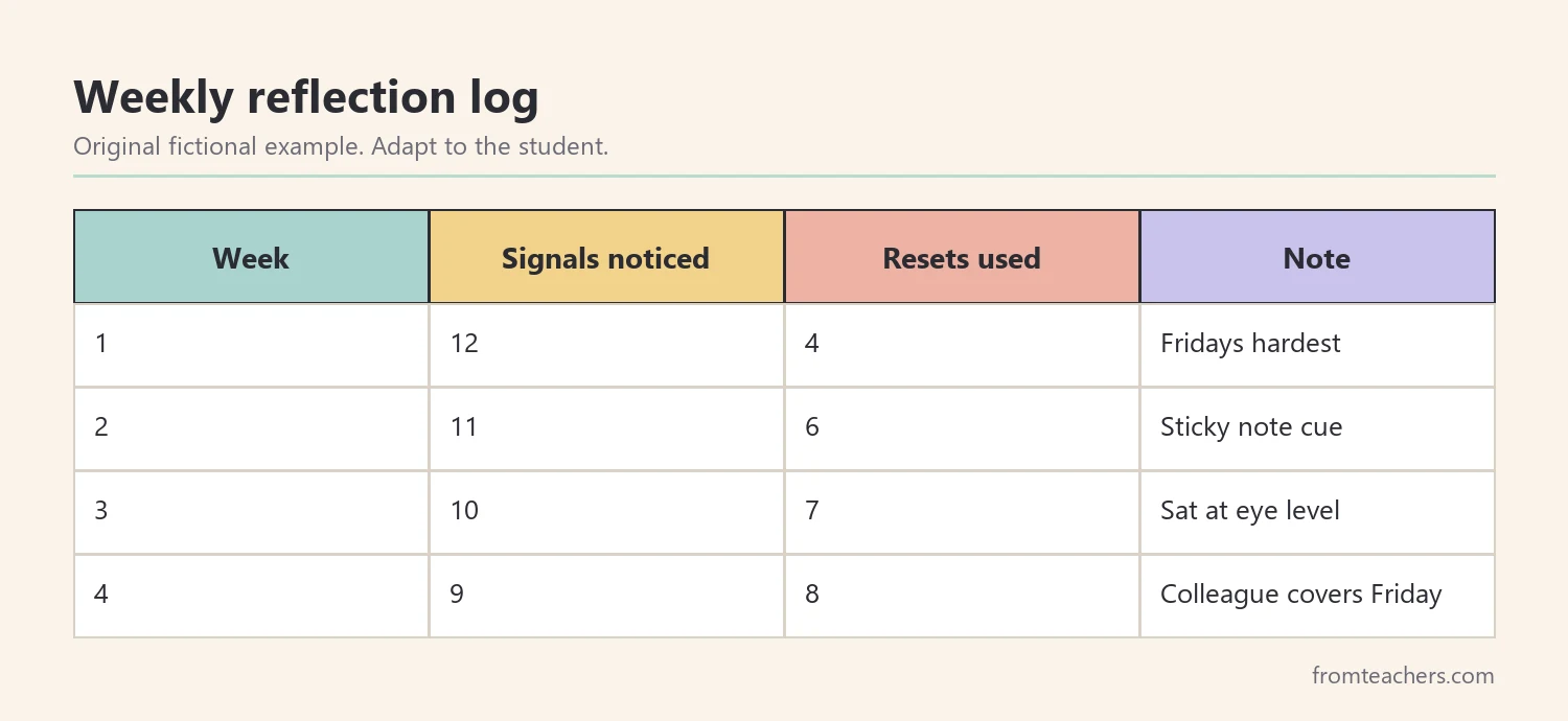Table of fictional data across four weeks showing stress signals noticed and resets used by a teacher