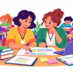 Two teachers using co-teaching collaboration strategies while planning together