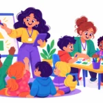 Illustration for co-teaching models: two teachers working together at the front of a classroom, one leading while the other helps a small group