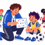 Illustration of a youth soccer coach kneeling to give a short instruction to a nine year old player on a sunny field