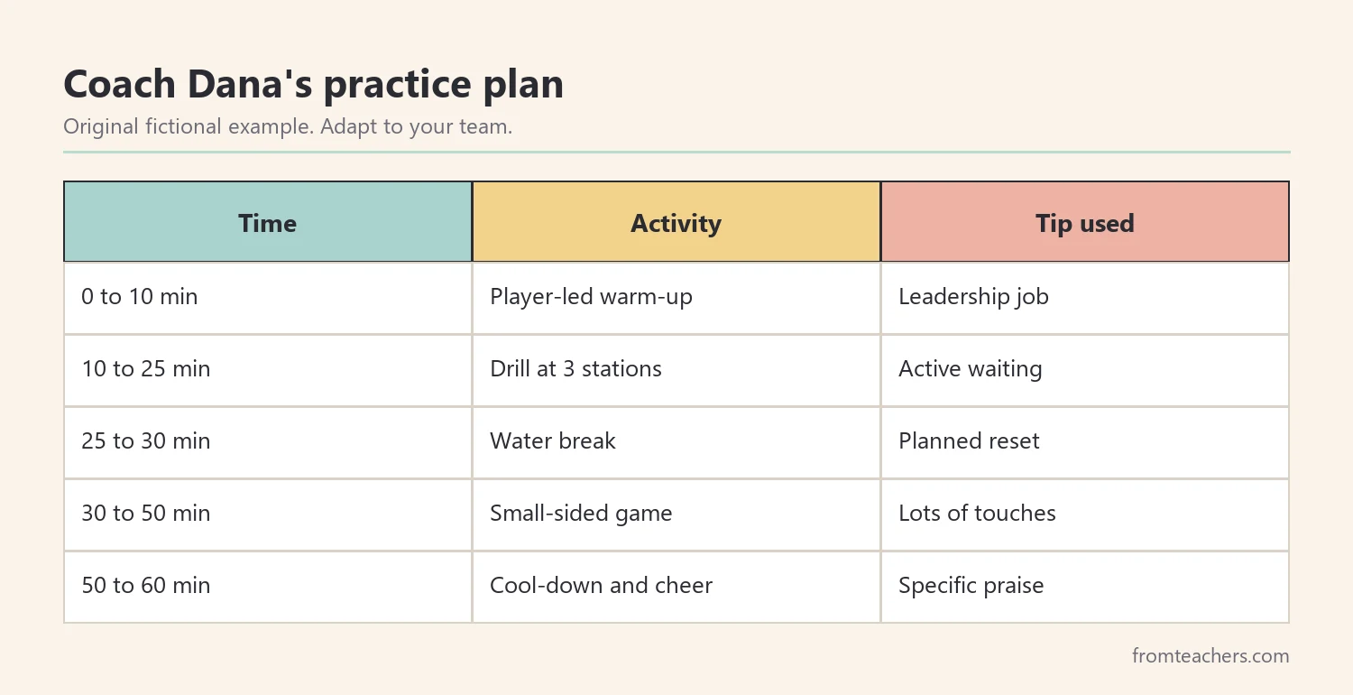 Data table of a fictional sixty minute youth soccer practice plan