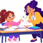 Illustration for cognitive overload in students: a girl at a desk covered with papers while a teacher hands her a single page with two numbered steps