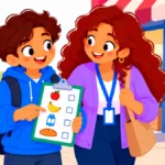 Illustration for a community outing planner: a teenage student and a support worker checking a shopping list outside a small grocery store