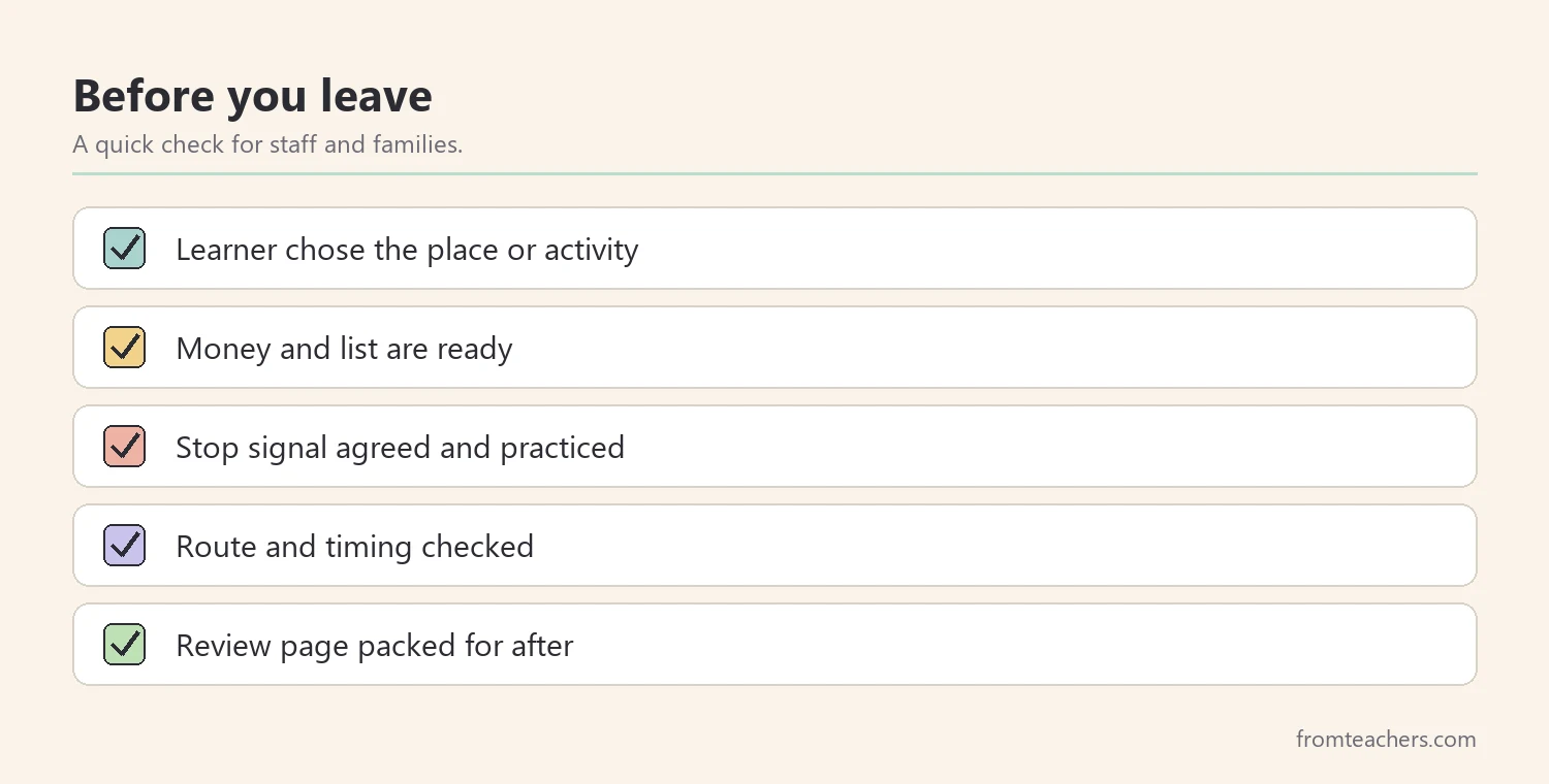 Checklist of five things to confirm before leaving for a community outing