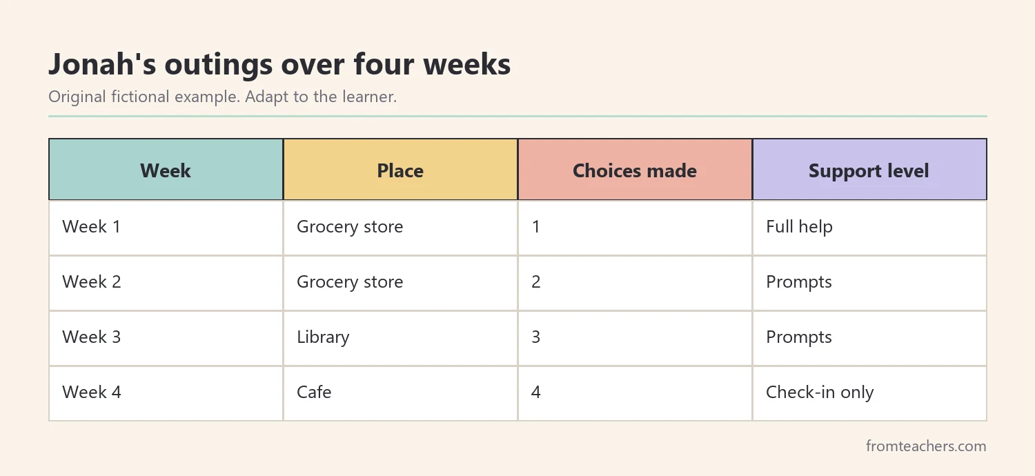 Table of a fictional learner's four weekly outings with places, number of choices made, and support level