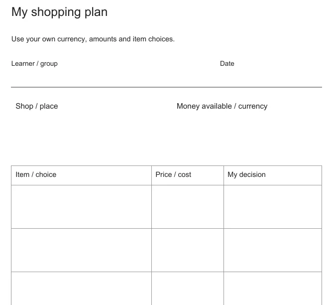 Preview of the My shopping plan page with item, price, and decision columns