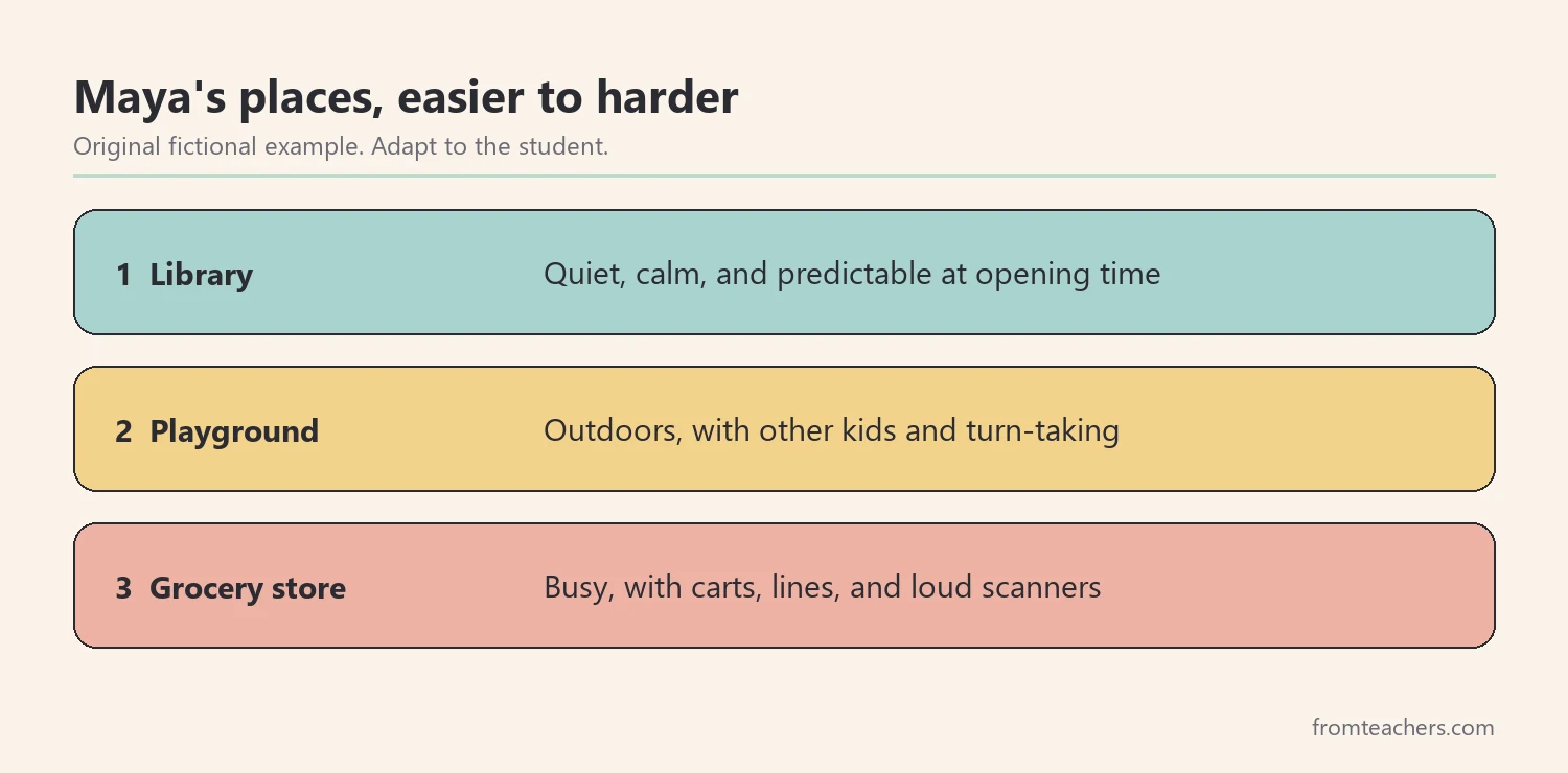 Three community places ordered from easier to harder for a fictional student