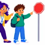 Illustration for community signs: a teacher and a teenage student pointing at a stop sign and a restroom sign on a sidewalk
