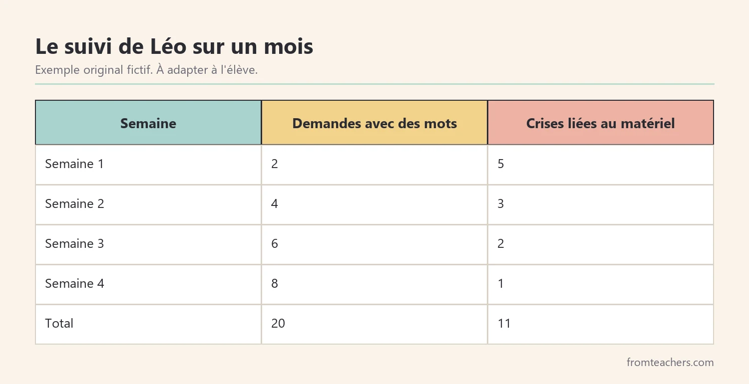 Tableau fictif du suivi de Léo sur quatre semaines avec demandes verbales et crises