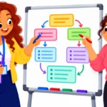 Competing behavior pathway diagram on a whiteboard as a behavior specialist and teacher plan together