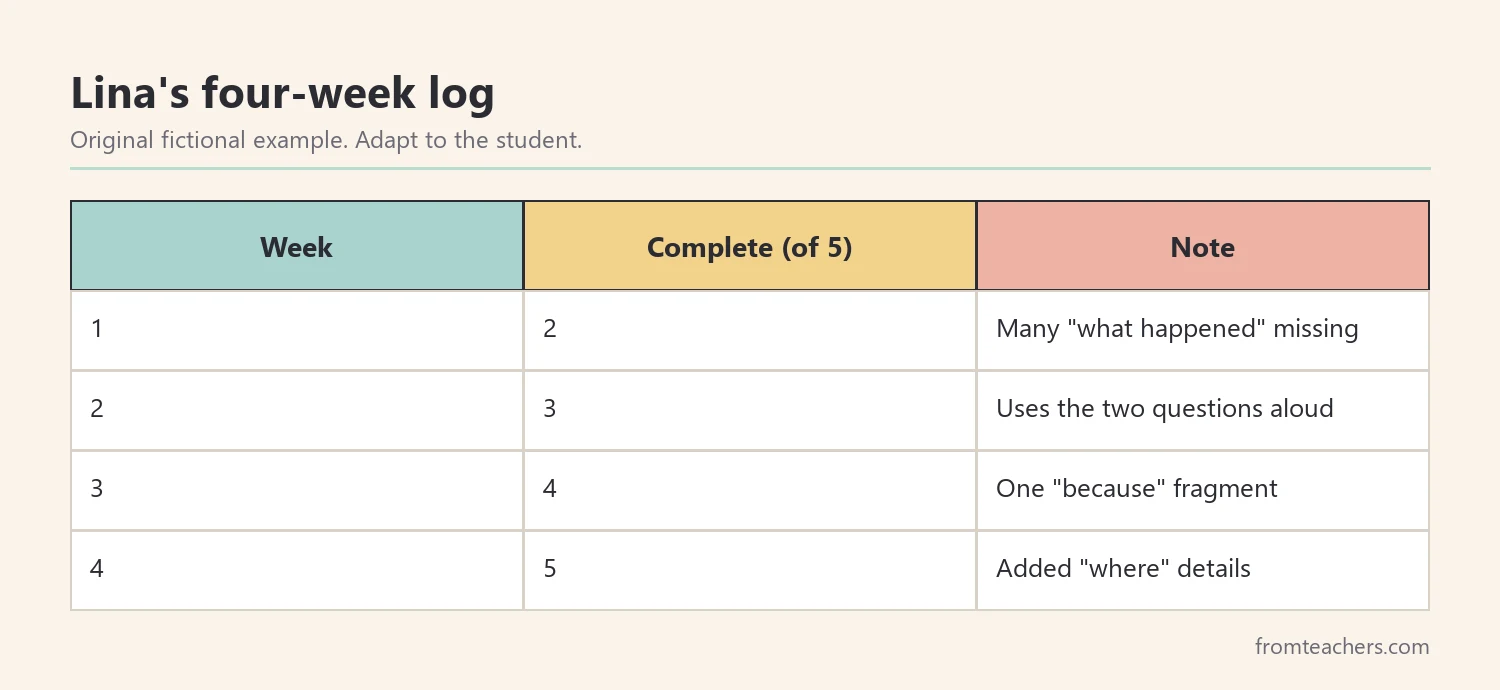 Four-week log showing Lina's complete sentences out of five each week