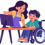 Illustration for computer parts for kids: a big sister pointing at a computer monitor while her younger brother in a wheelchair laughs and holds a mouse